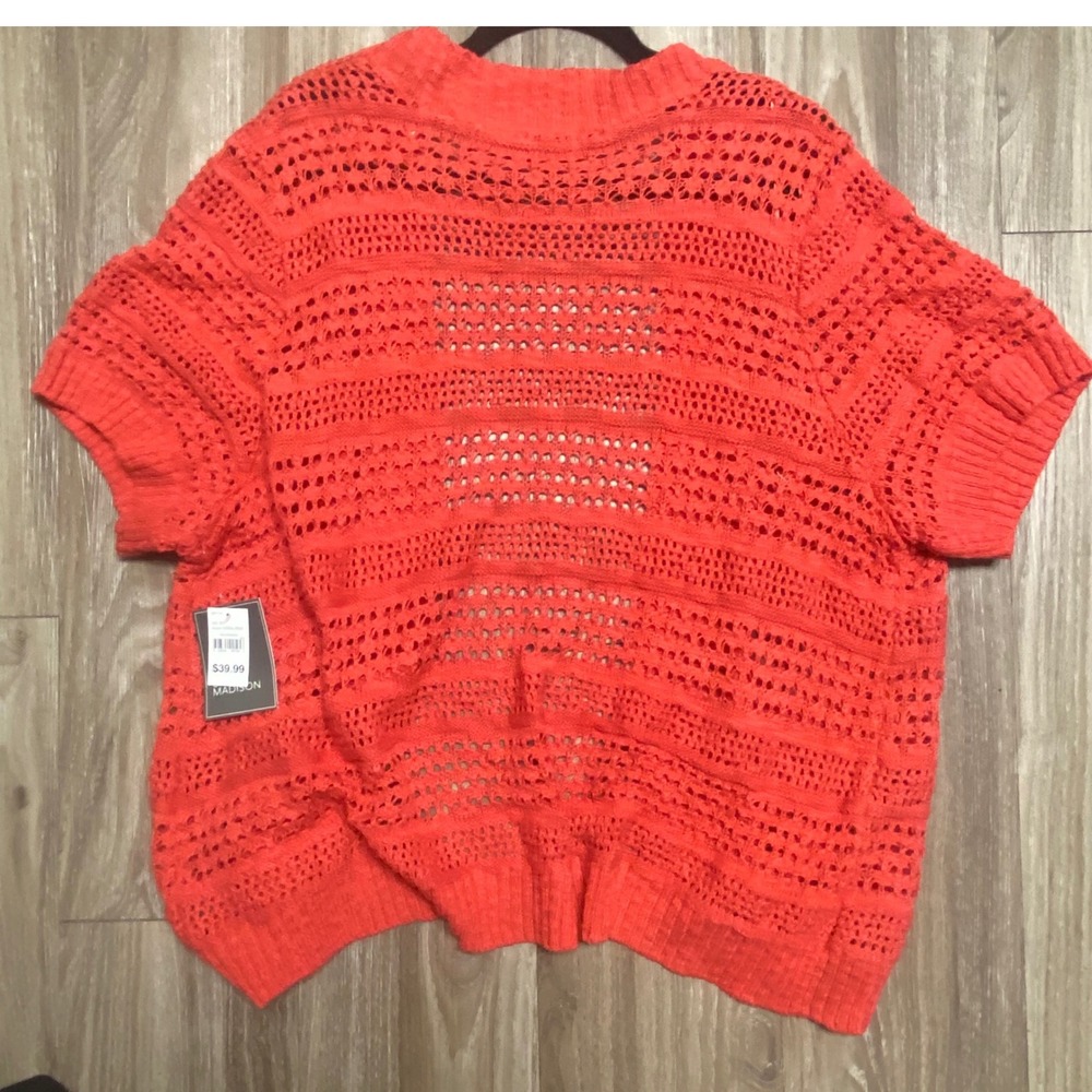 89th & Madison Womens 2X Red Orange Pointelle Crochet Short Sleeve Cardigan NWT - Picture 3 of 8